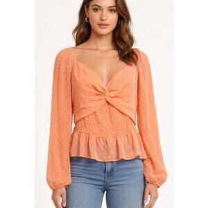 Love & Piece Long Sleeve Front Twist Swiss Dot Peach Smocked Top Size XL NWT